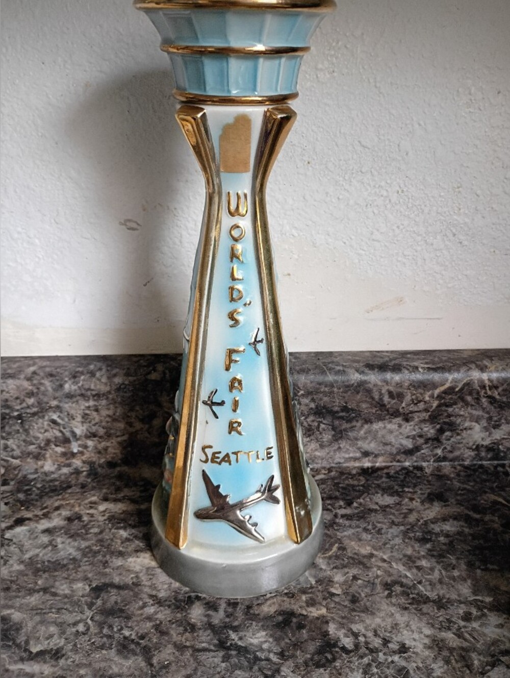 World's Fair Seattle Ceramic Decanter Chiller - Light Blue and Gold